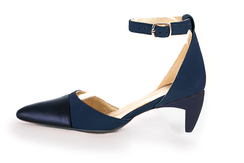 Navy blue women's open side shoes, with a strap around the ankle. Tapered toe. Medium comma heels. Profile view - Florence KOOIJMAN